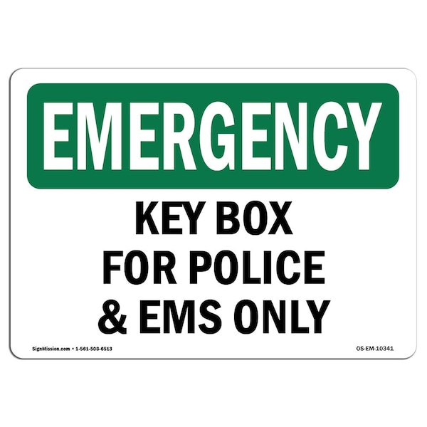 Safety Sign, OSHA EMERGENCY, 7" Height, Aluminum, Key Box For Police And EMS Only!, Landscape